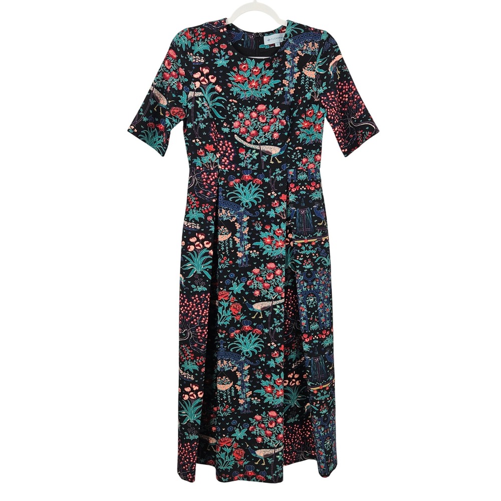 Tuckernuck Midi Dress in Black Holiday Midnight Garden Peacock Fit & Flare Sz 4